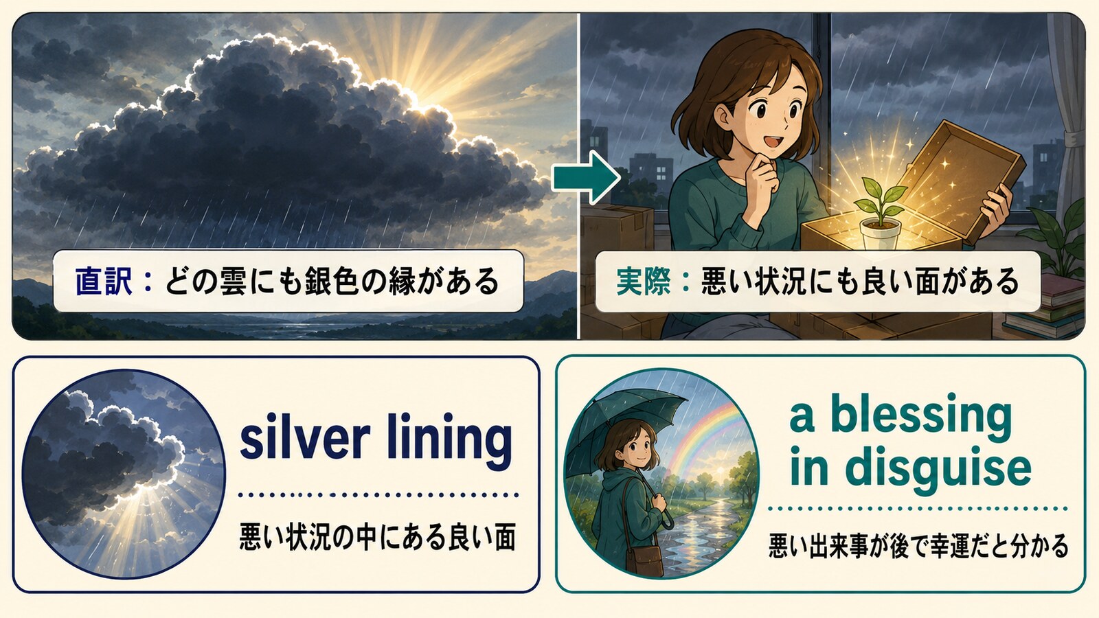 Every cloud has a silver liningの直訳とsilver lining・a blessing in disguiseの違い