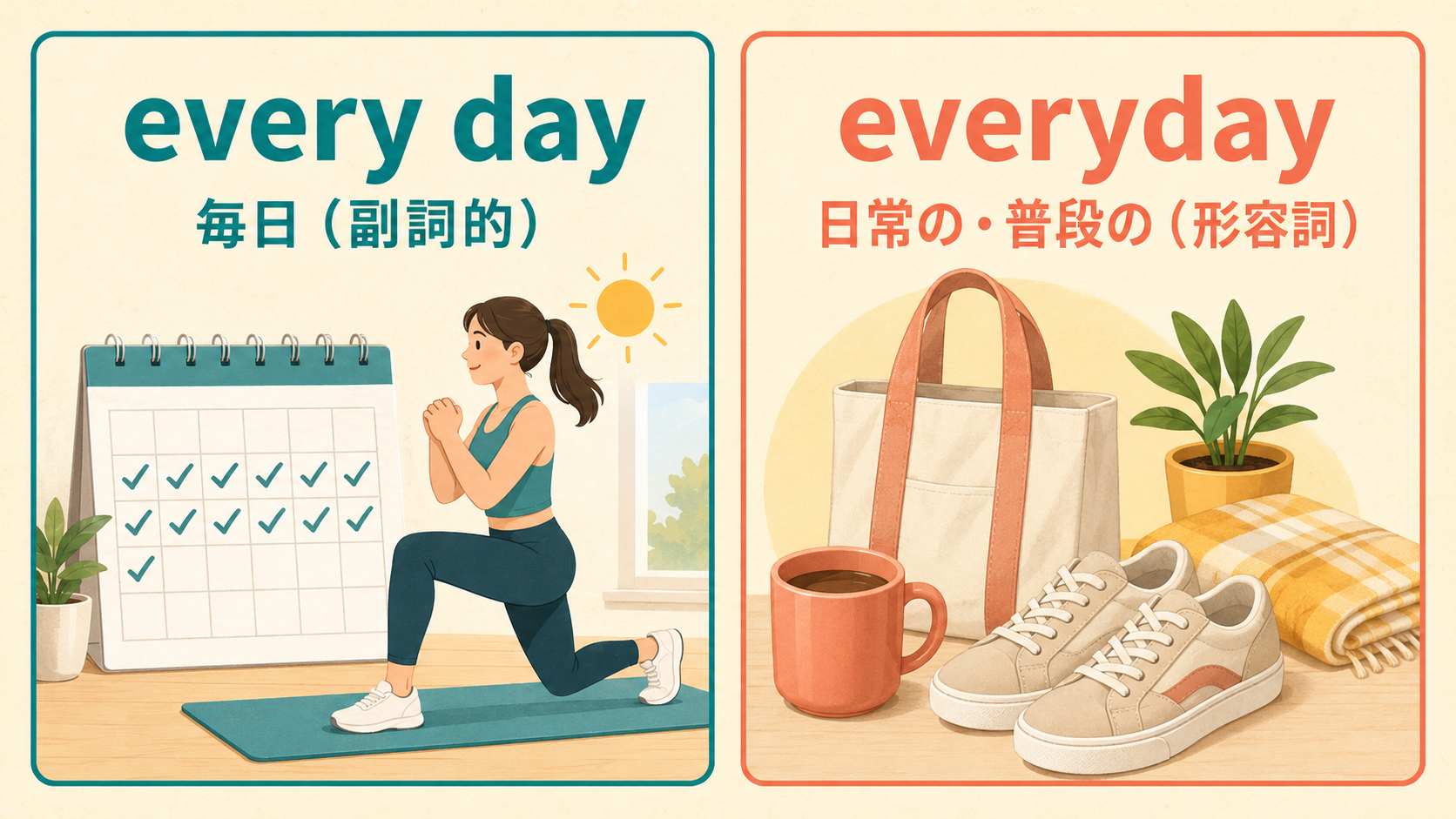 every dayは副詞的な「毎日」、everydayは形容詞の「日常の」という違いを示す図解