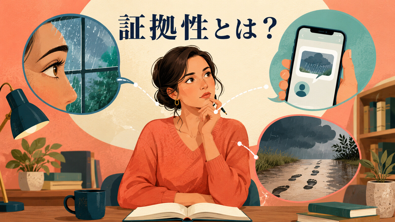 見た・聞いた・推論したという三つの情報源を示す証拠性のイラスト