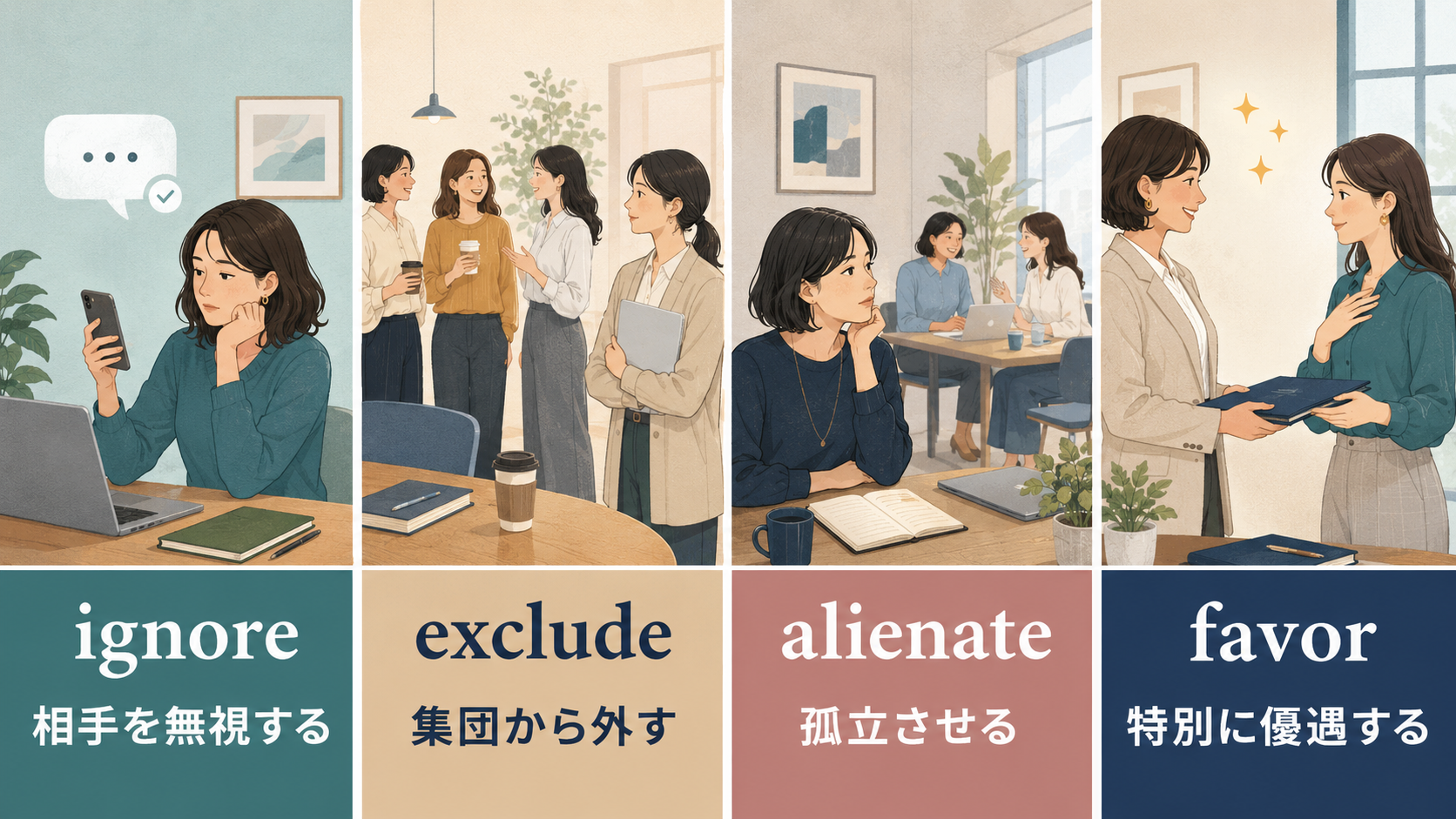 ignore exclude alienate favor の違いを示す比較イラスト