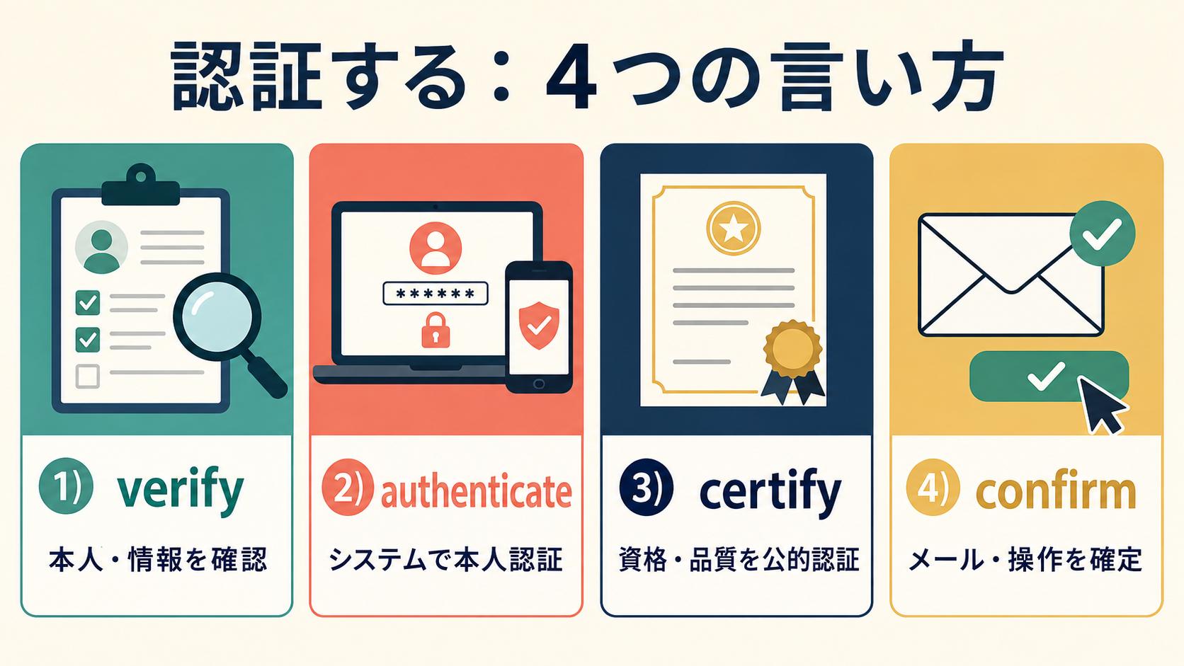 認証するの英語 verify・authenticate・certify・confirmの違い