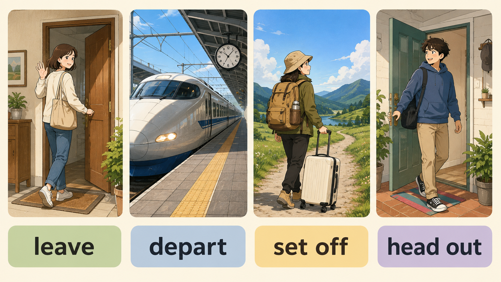 leave・depart・set off・head outの違いを示した比較図