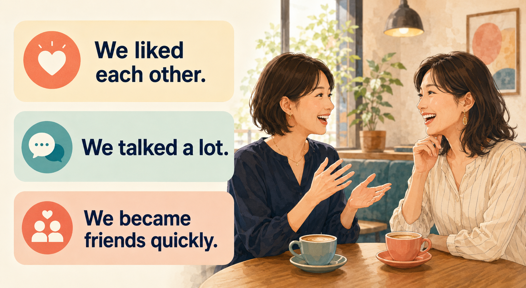 意気投合をWe liked each otherなどの簡単な英語で表すイラスト
