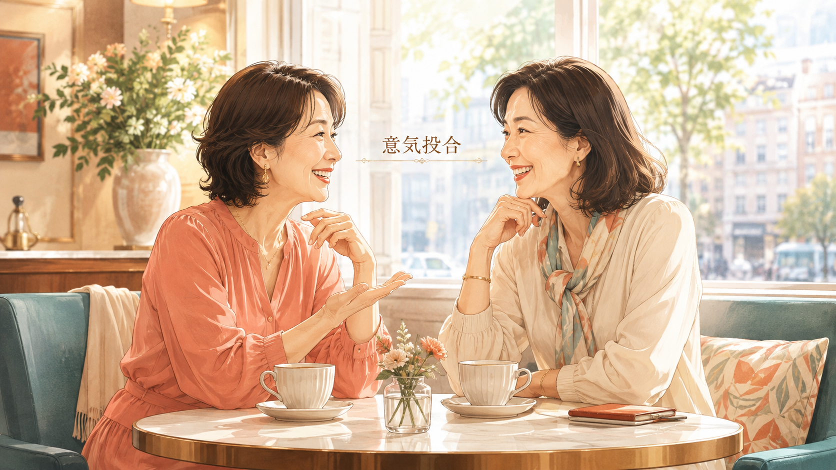 カフェで意気投合して会話を楽しむ二人の女性