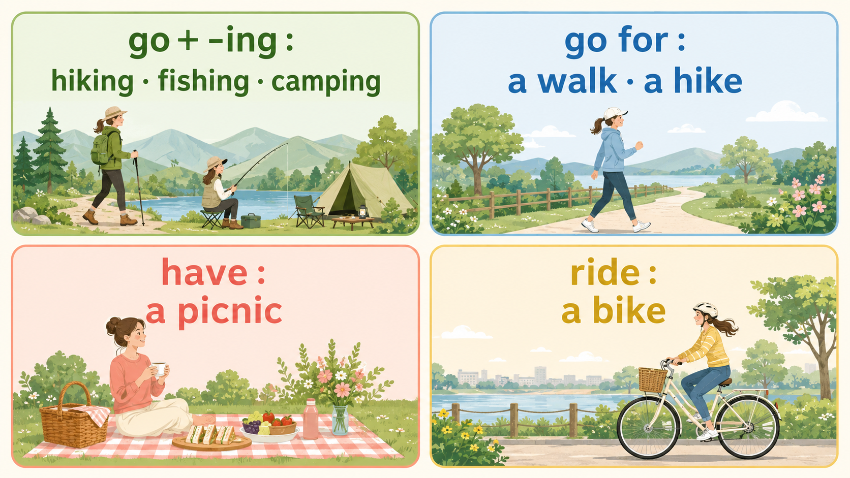 アウトドアで使うgo+ing・go for・have・rideの違い