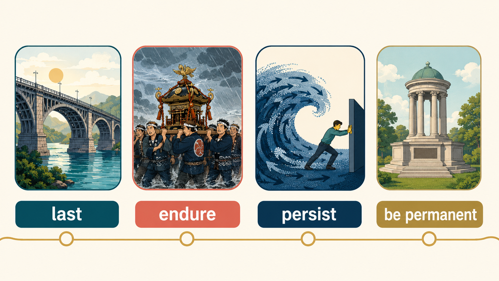 last、endure、persist、be permanentの違いを示す図解