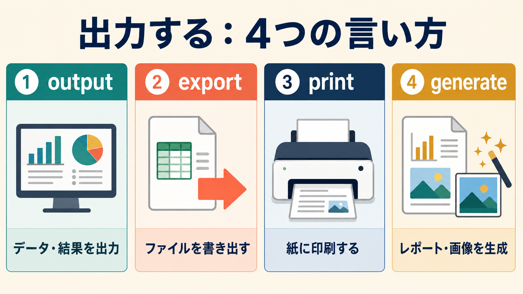 出力するの英語 output・export・print・generateの違い