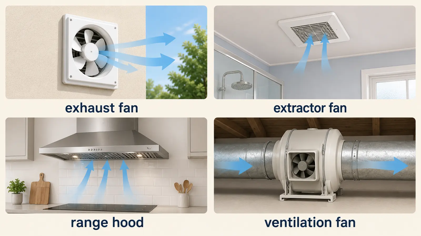 exhaust fan、extractor fan、range hood、ventilation fanの違いを示す比較図