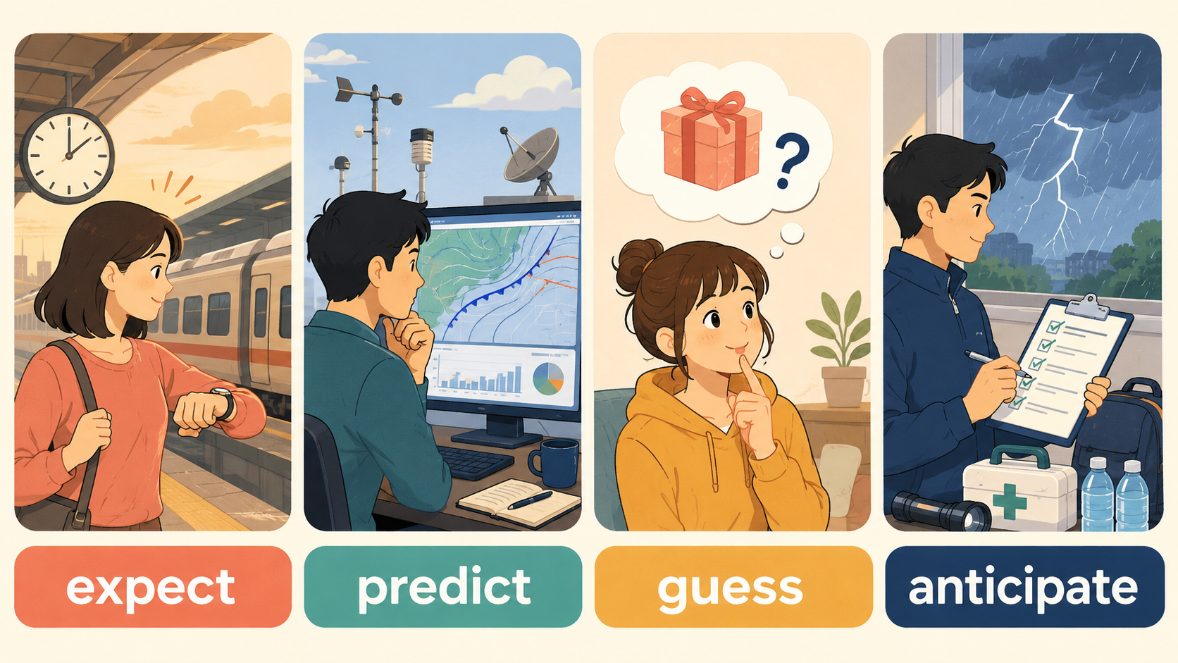 expect、predict、guess、anticipateの違いを示す比較イラスト