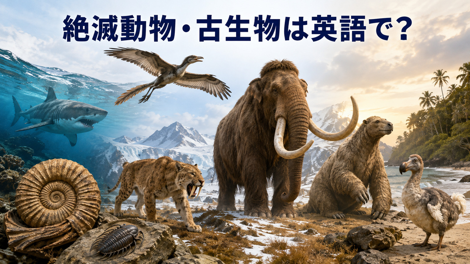 マンモス・サーベルタイガー・オオナマケモノ・ドードーなどと「絶滅動物・古生物は英語で?」の文字