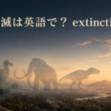 絶滅は英語でextinctionと表すことを示すドードー、マンモス、恐竜、アンモナイトのイメージ