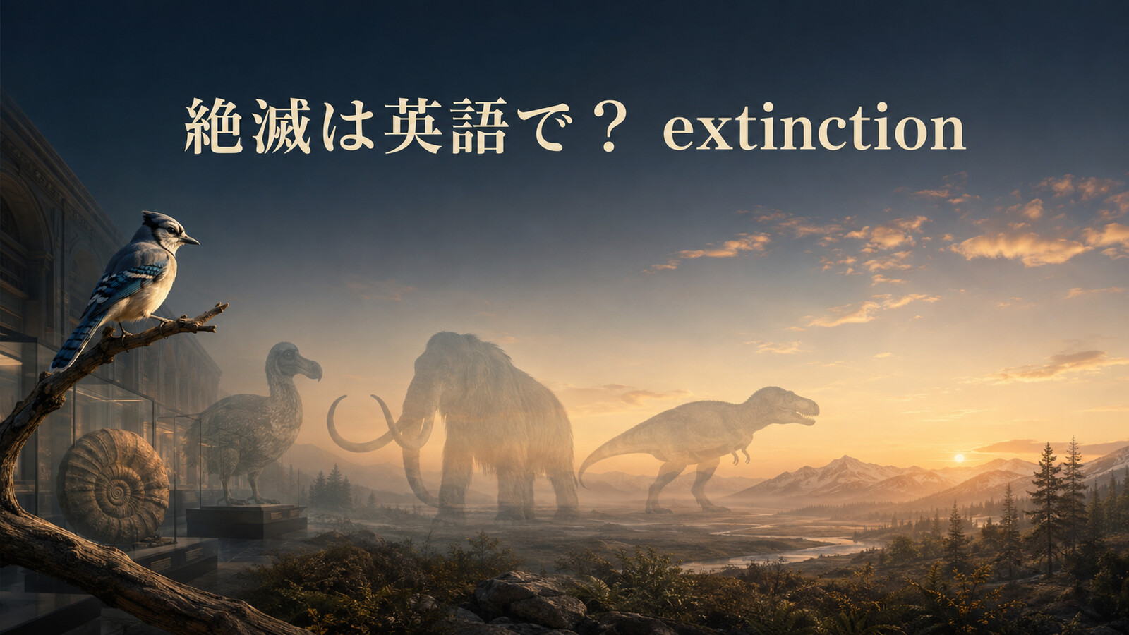 絶滅は英語でextinctionと表すことを示すドードー、マンモス、恐竜、アンモナイトのイメージ