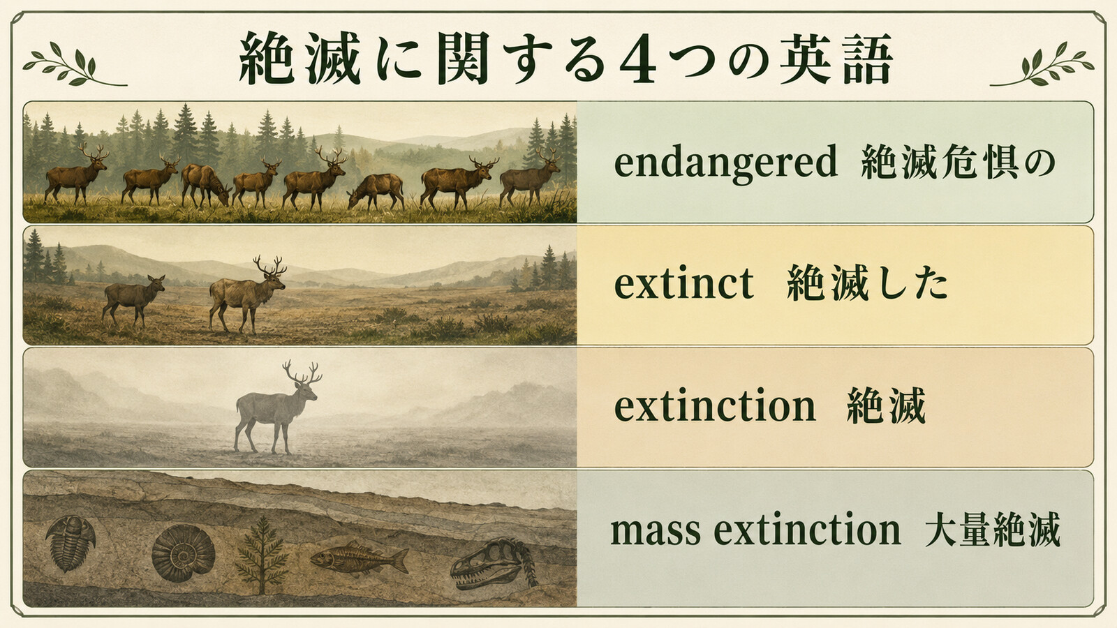 endangered、extinct、extinction、mass extinctionの意味の違いを示す図