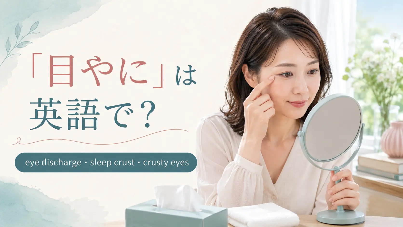「目やに」は英語で?eye discharge・sleep crust・crusty eyesを紹介するアイキャッチ画像