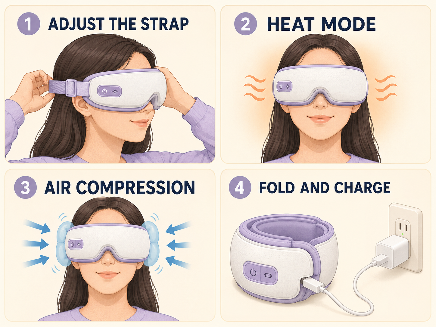 adjust the strap・heat mode・air compression・fold and chargeの図解