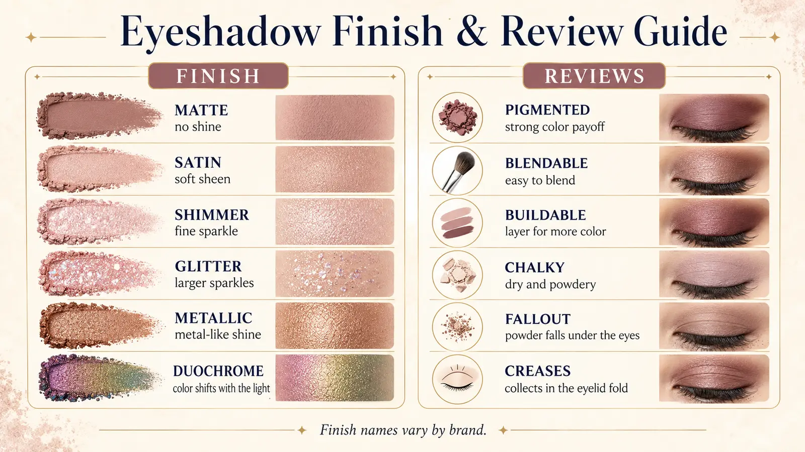 アイシャドウの質感と口コミ英語の比較。matte、satin、shimmer、glitter、metallic、duochromeとpigmented、blendable、fallout、creases