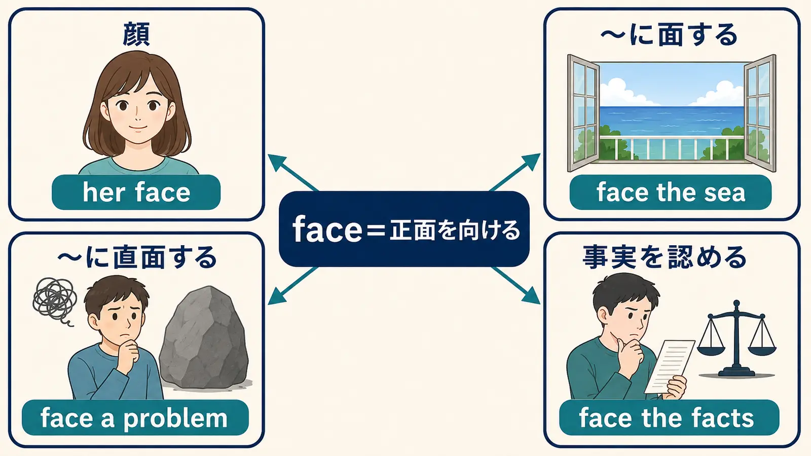 faceは正面を向けるという感覚から面する・直面する・事実を認めるへ広がる図