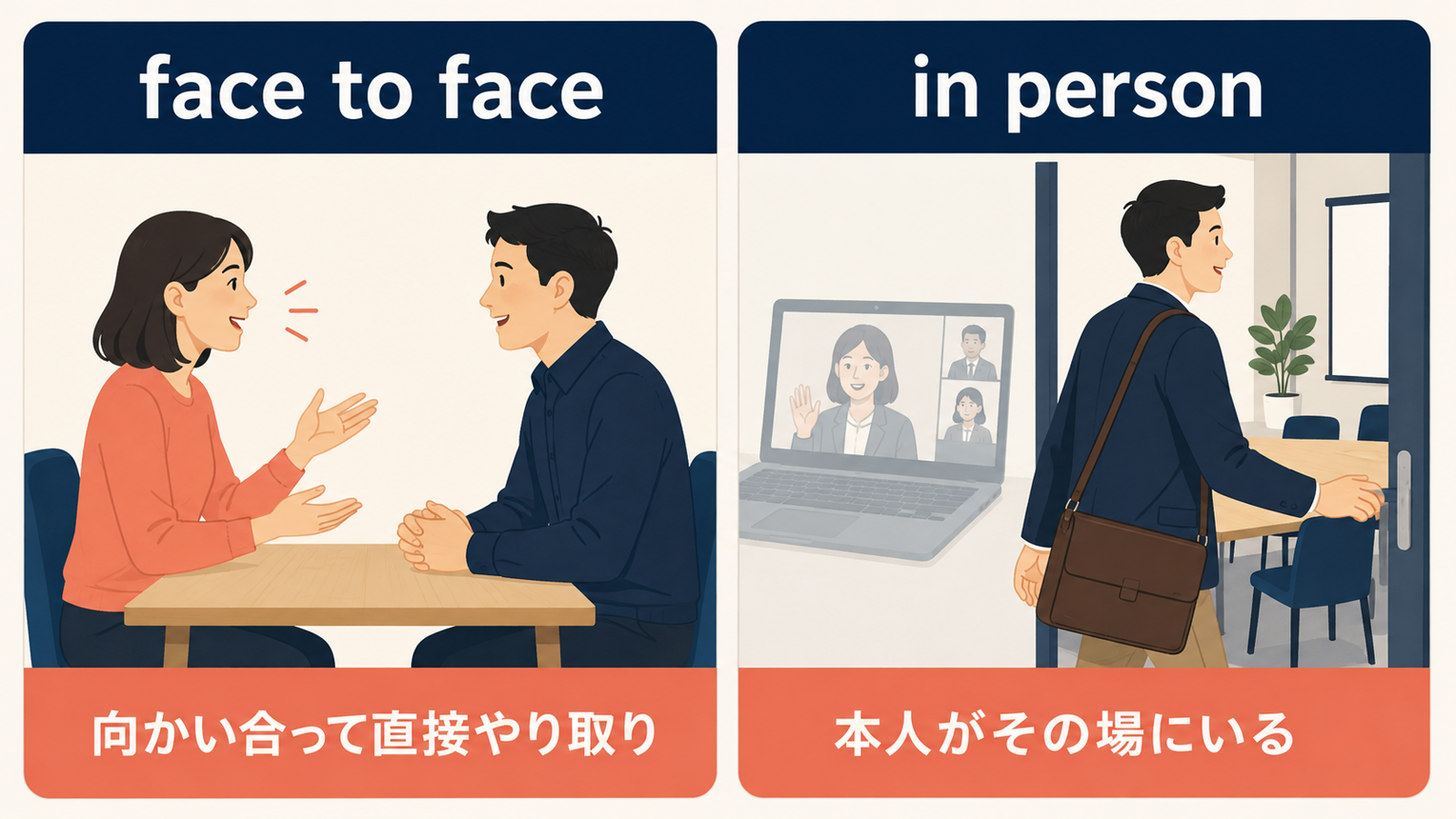 face to faceは向かい合う直接のやり取り、in personは本人がその場にいることを表す比較