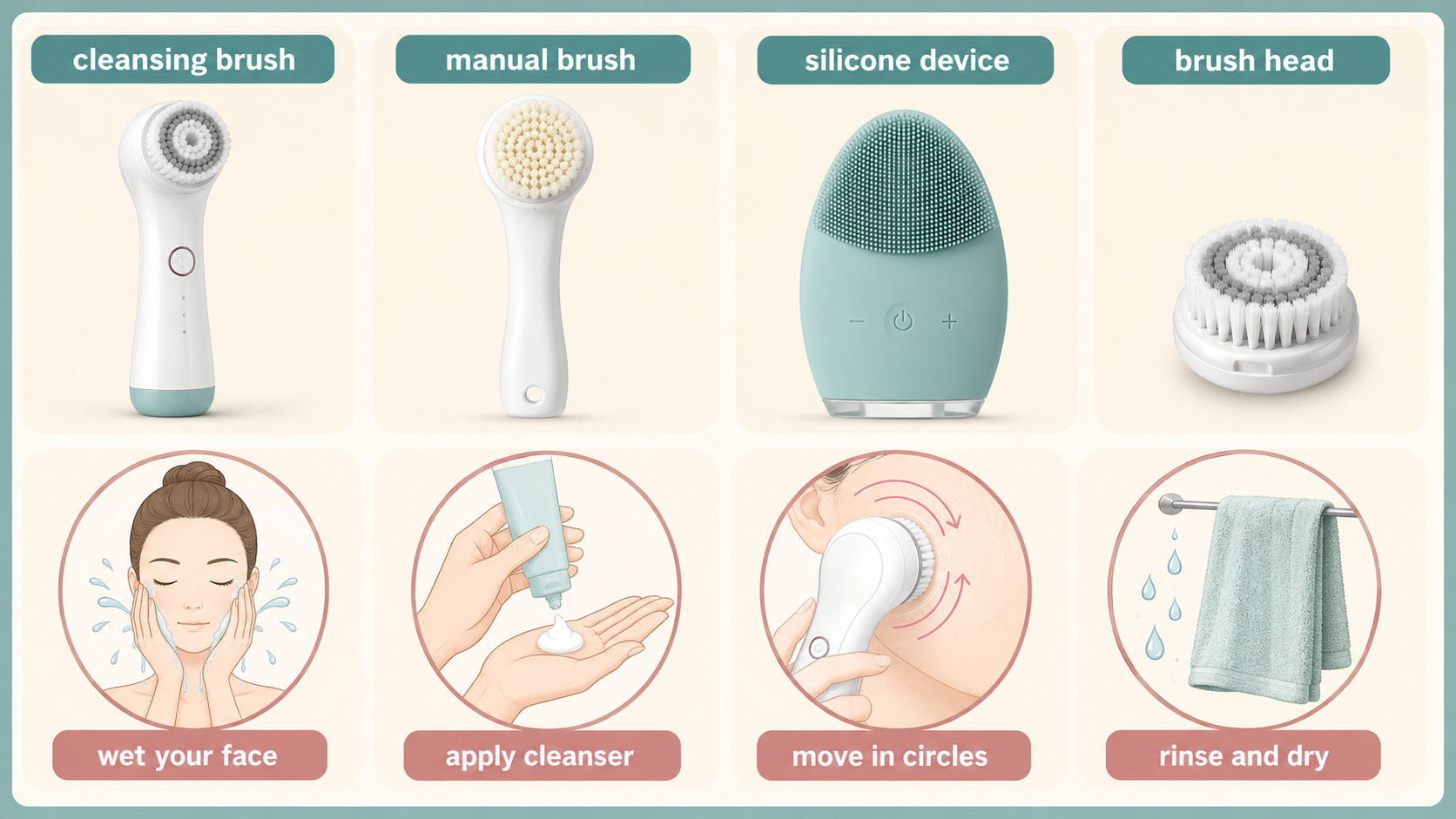 cleansing brush manual brush silicone deviceと洗顔手順の英語図解