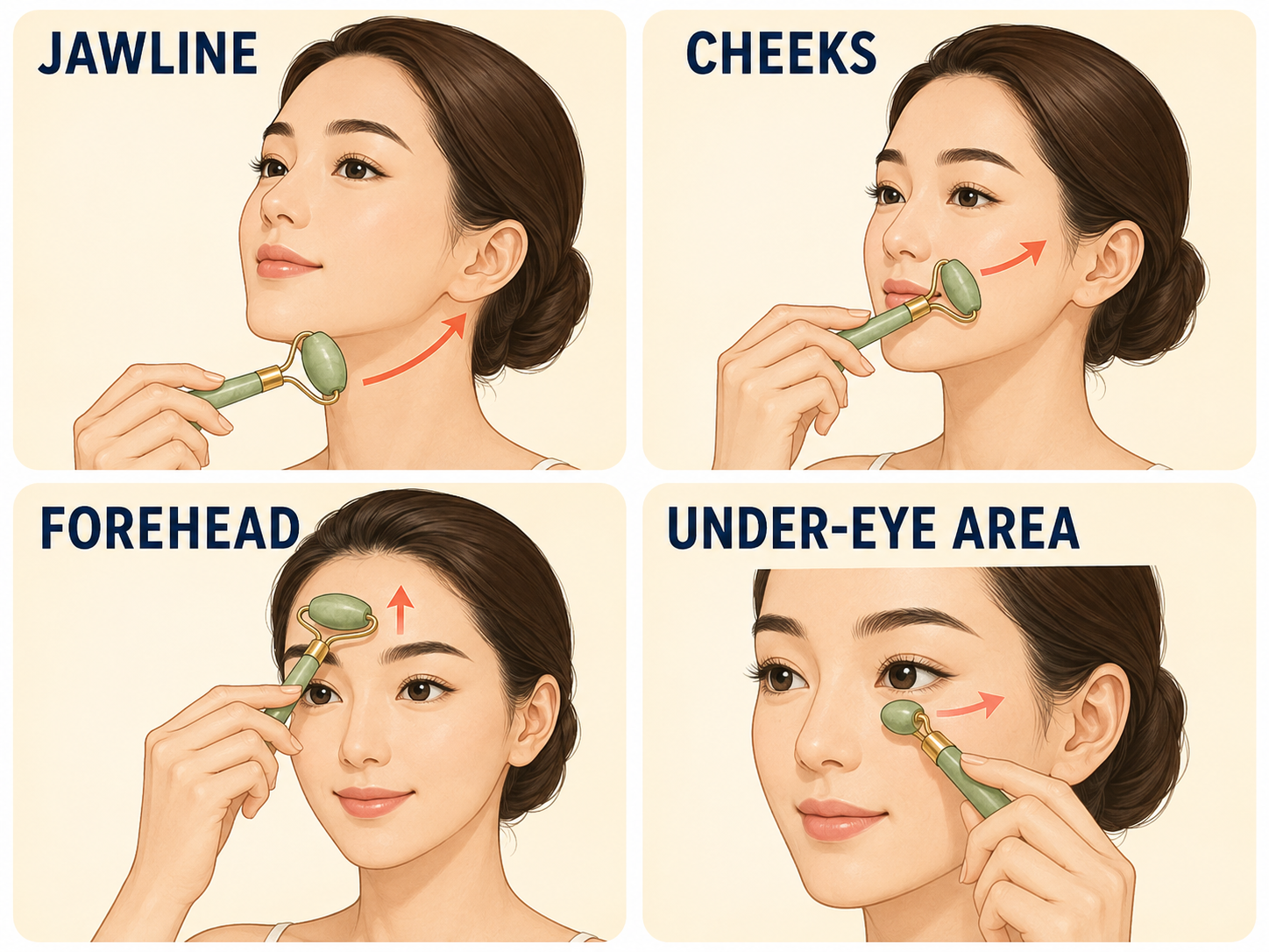 jawline・cheeks・forehead・under-eye areaの美顔ローラー図解