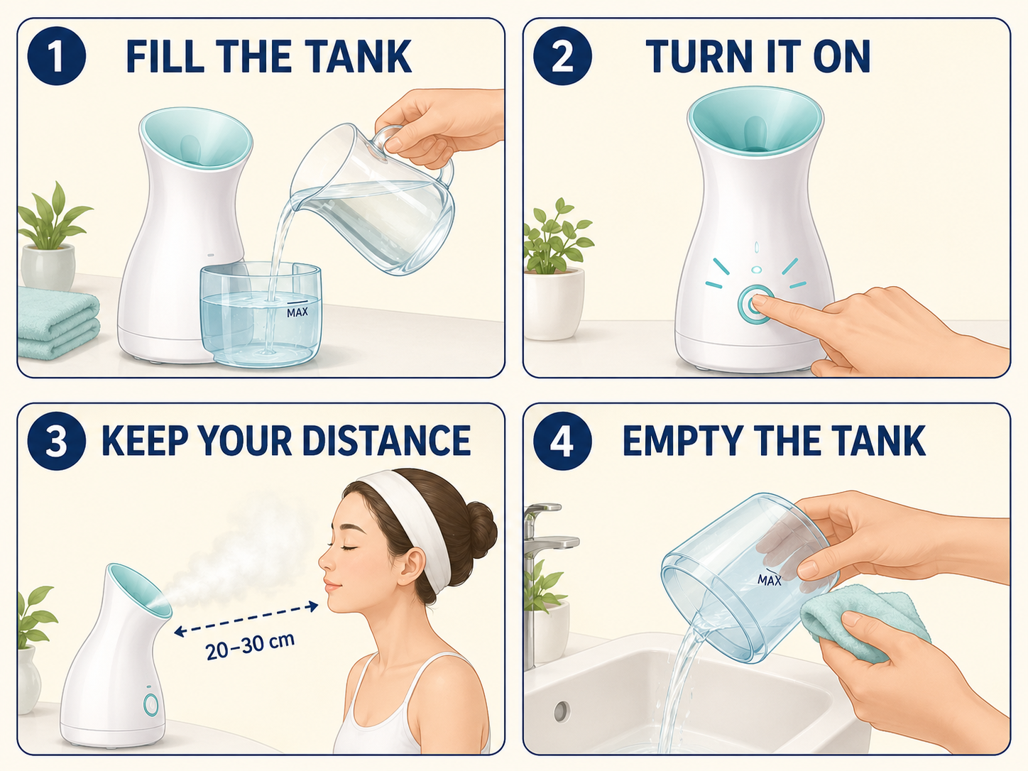 fill the tank・turn it on・keep your distance・empty the tankの図解