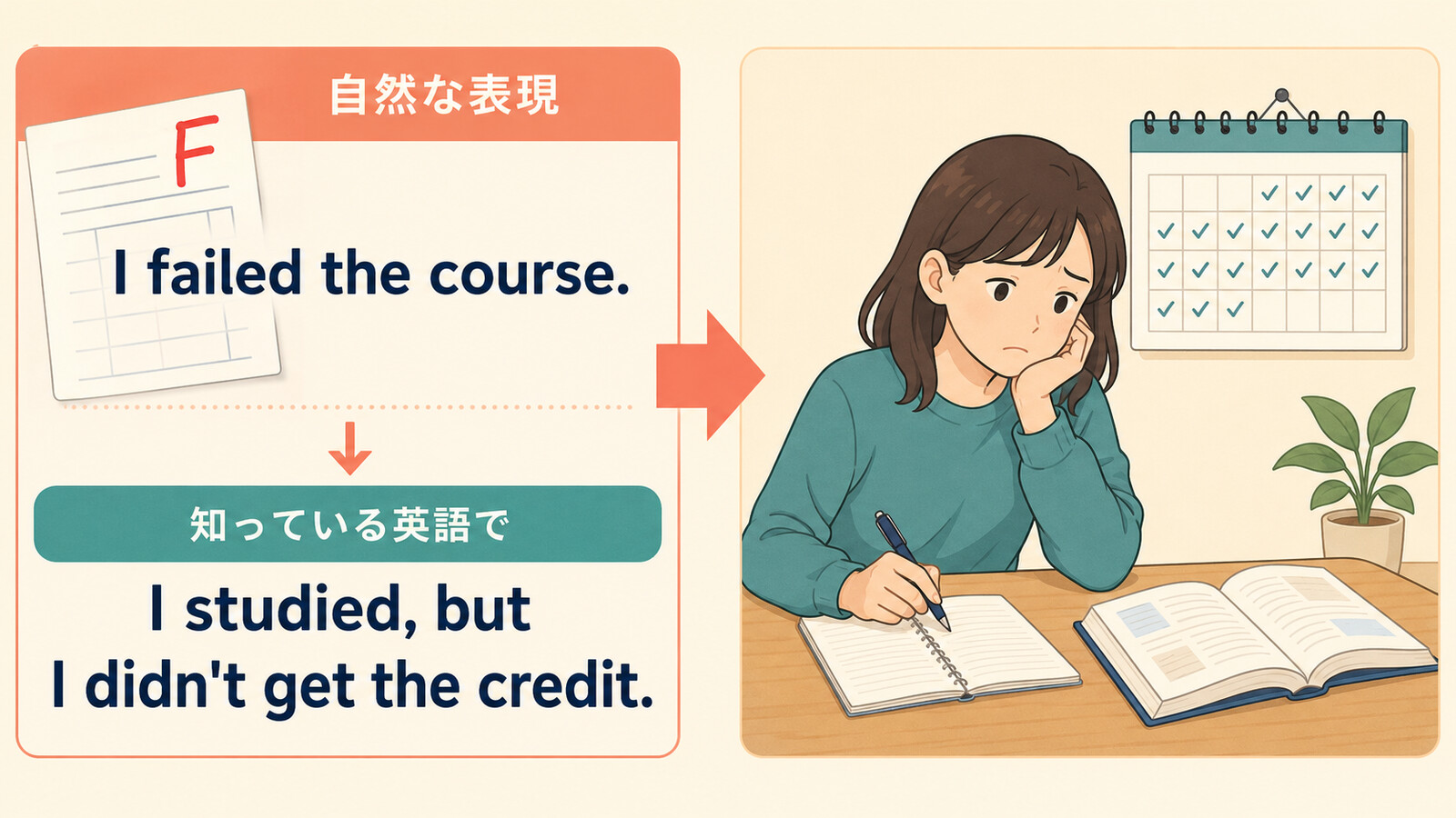 I failed the courseをI studied but I didn't get the creditと言い換える解説イラスト
