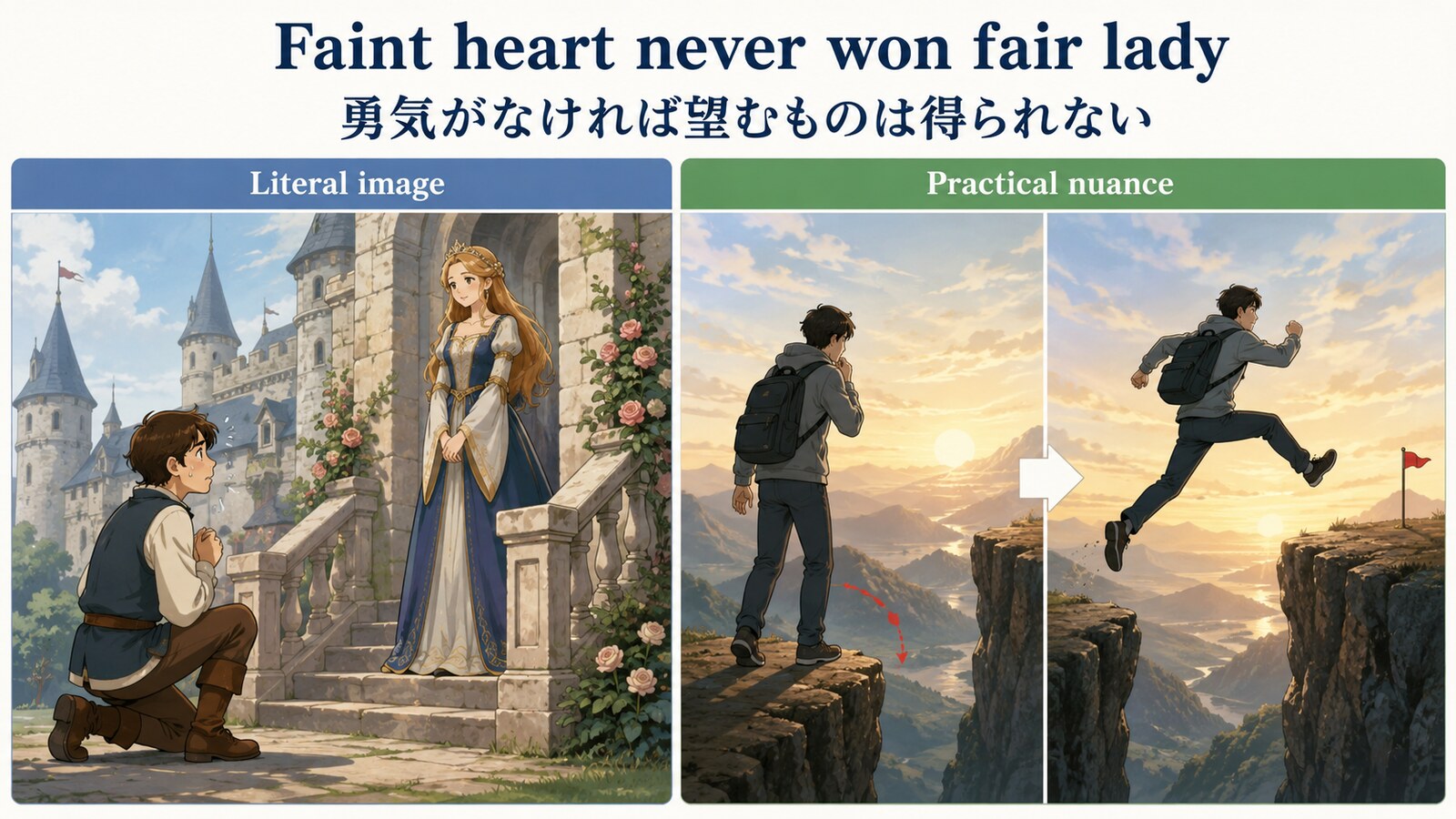 Faint heart never won fair ladyの直訳と実際のニュアンスを比較する解説