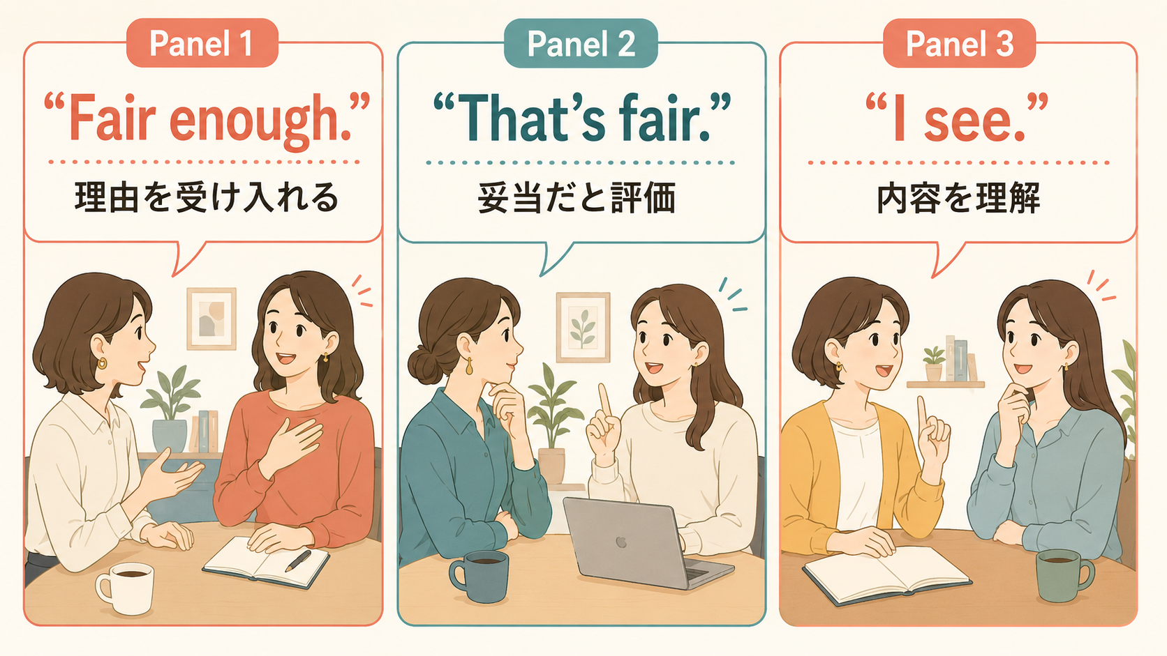 Fair enough・That’s fair・I seeのニュアンスの違いを3場面で示した本文イラスト