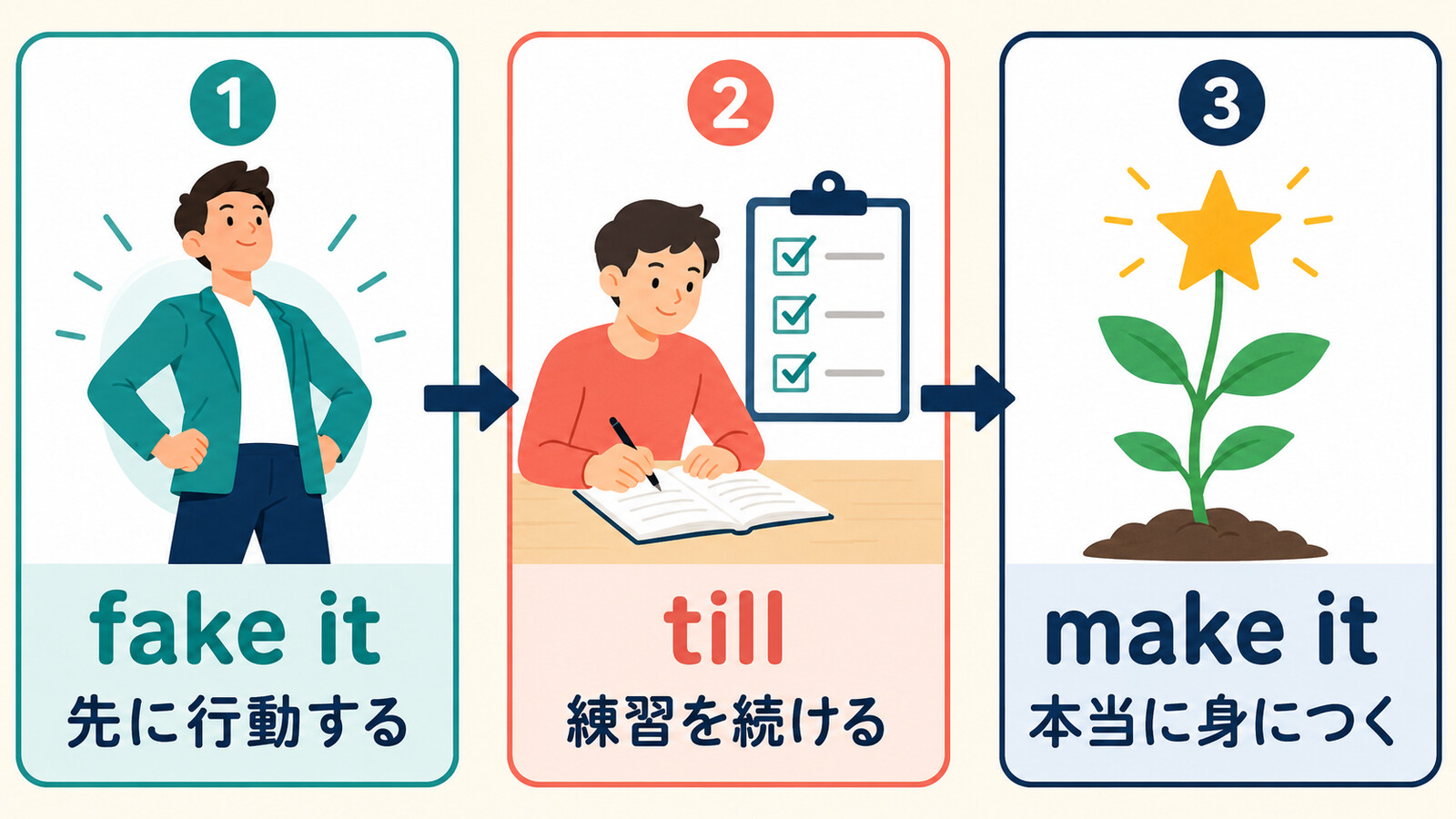 fake it、till、make itの意味を先に行動する・練習を続ける・本当に身につくの流れで示す図