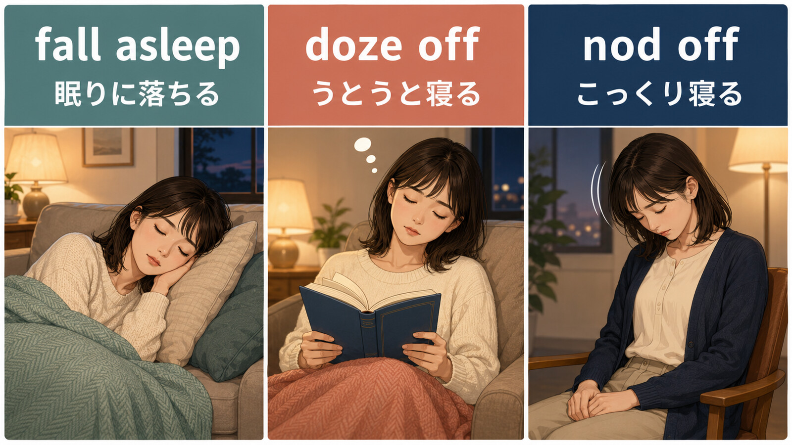 fall asleepは眠りに落ちる、doze offはうとうと寝る、nod offはこっくり寝るという違いを示す比較図