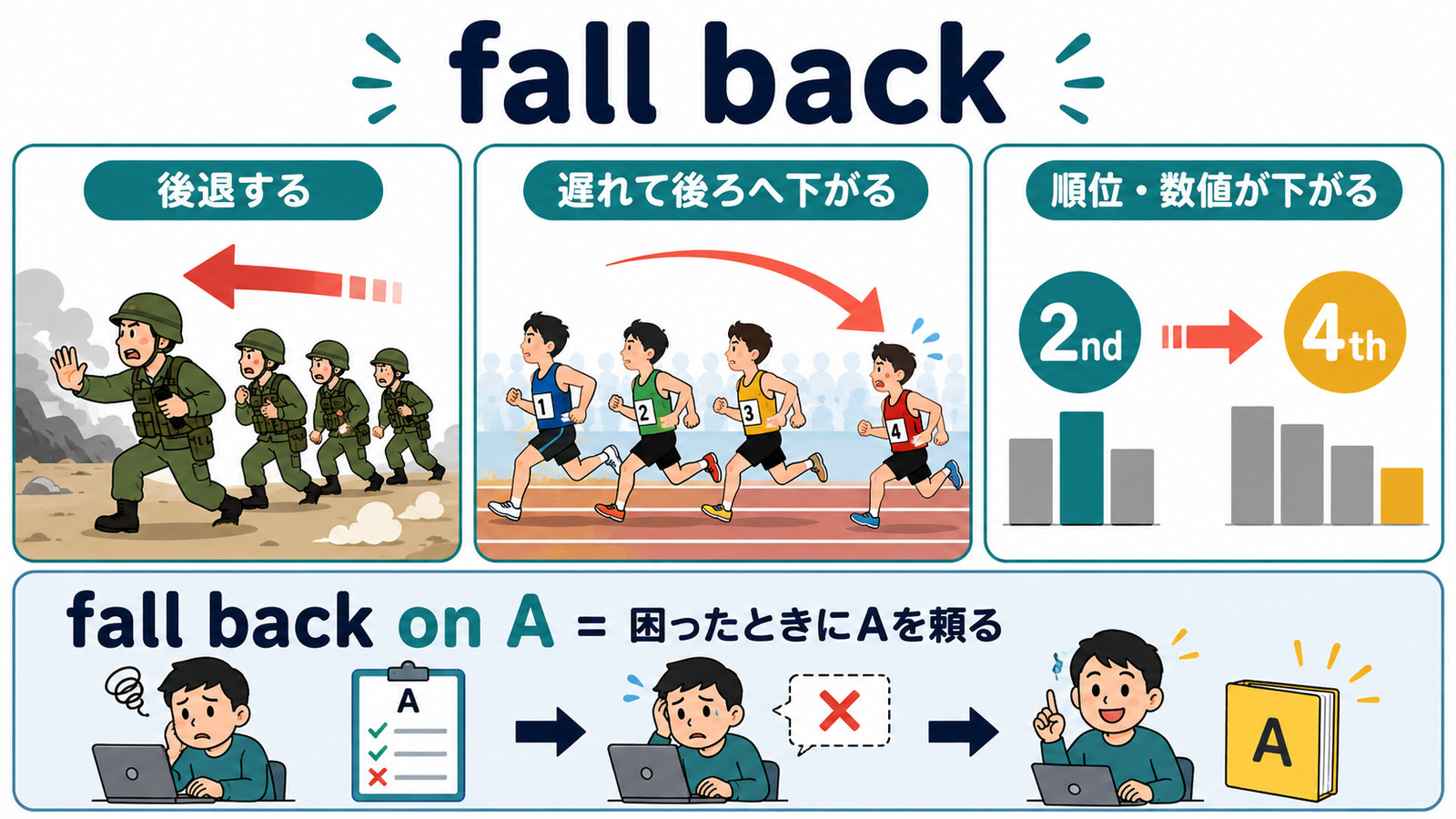 fall backの3つの意味とfall back onとの違いを示す解説図