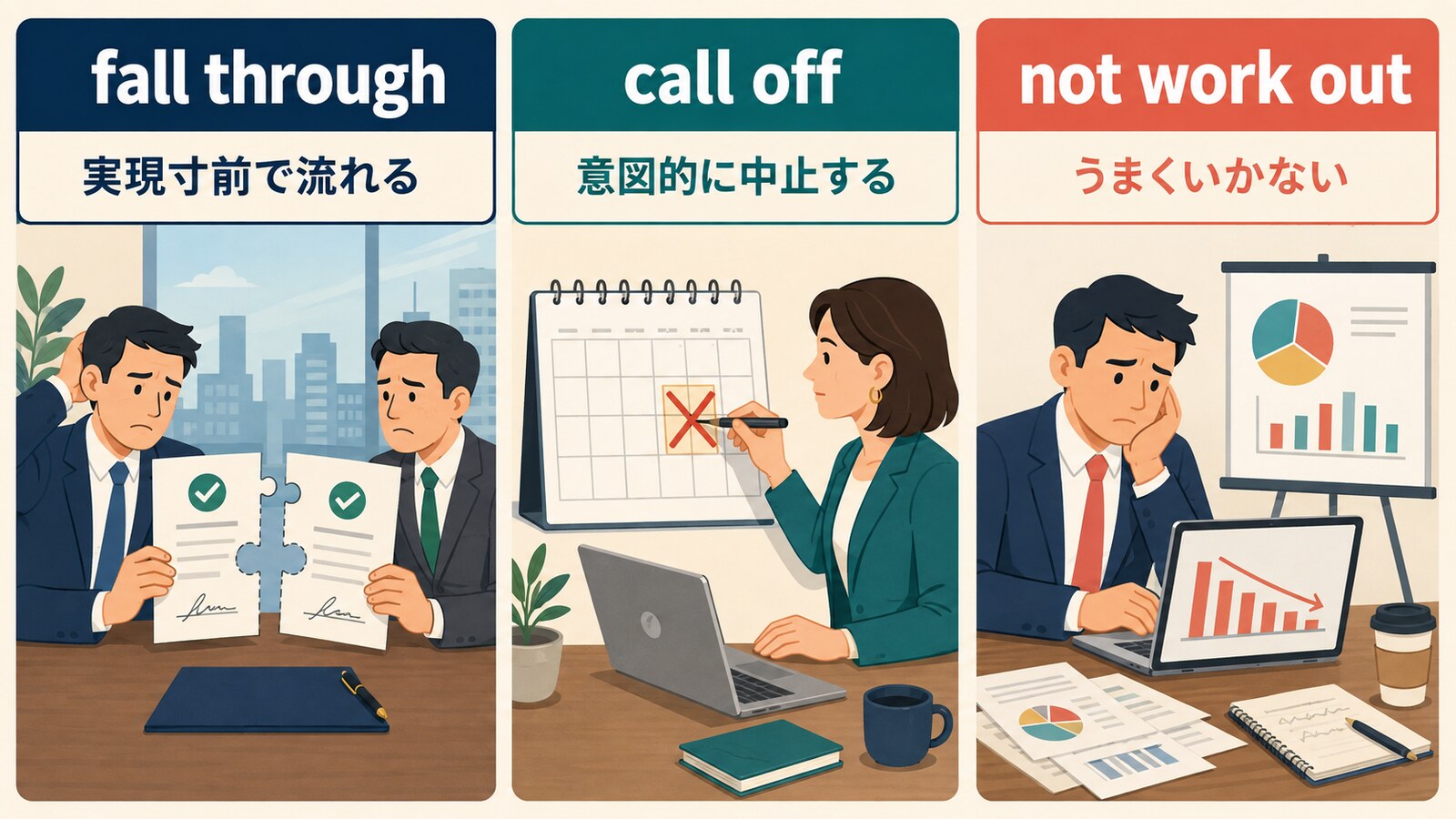 fall through・call off・not work outのニュアンスの違い