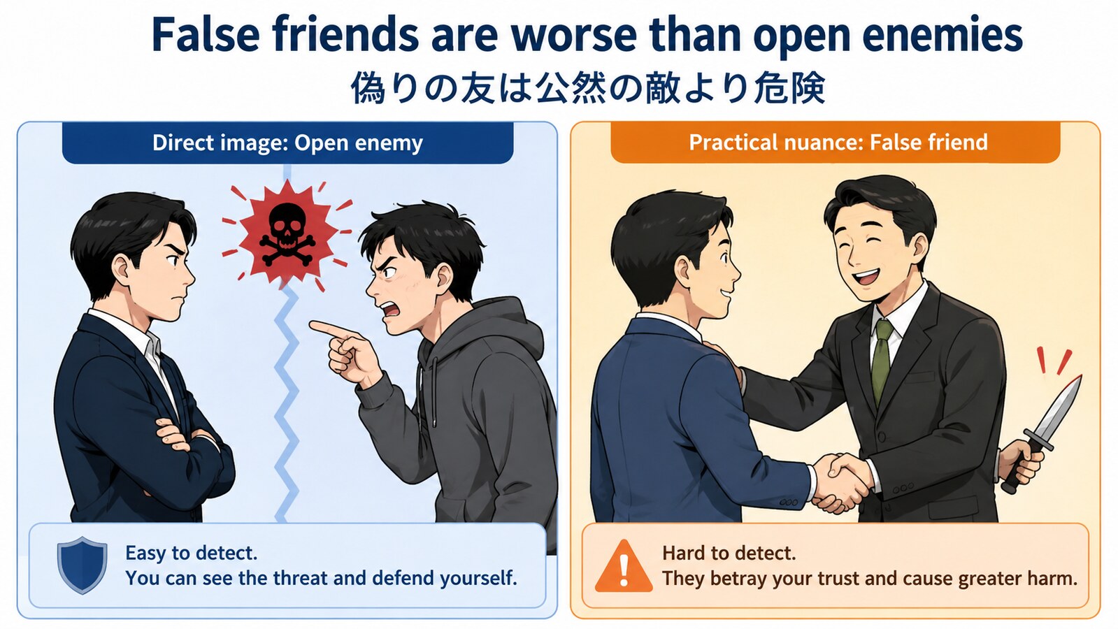 False friends are worse than open enemiesの直訳と実際のニュアンスを図解