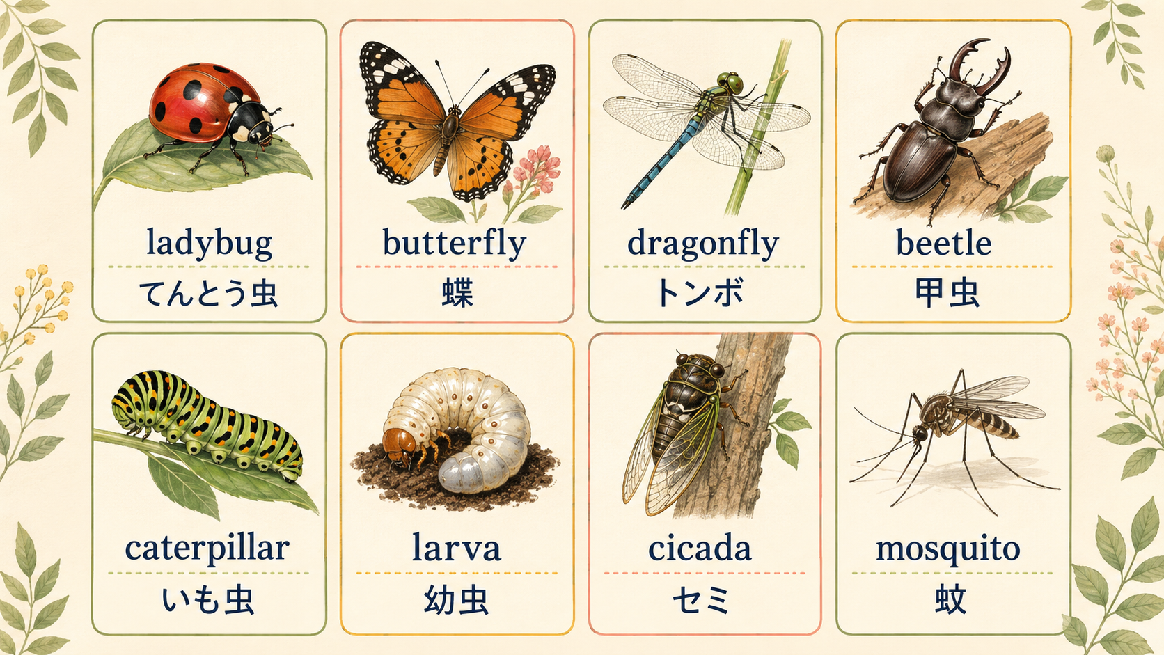 てんとう虫・蝶・トンボ・甲虫・いも虫・幼虫・セミ・蚊の英語一覧