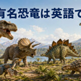 ティラノサウルスやトリケラトプスなどの有名恐竜と「有名恐竜は英語で?」の文字