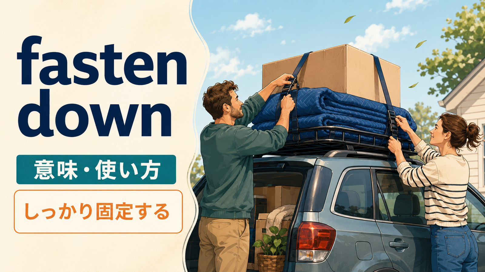 fasten downの意味と荷物をベルトでしっかり固定するイメージ