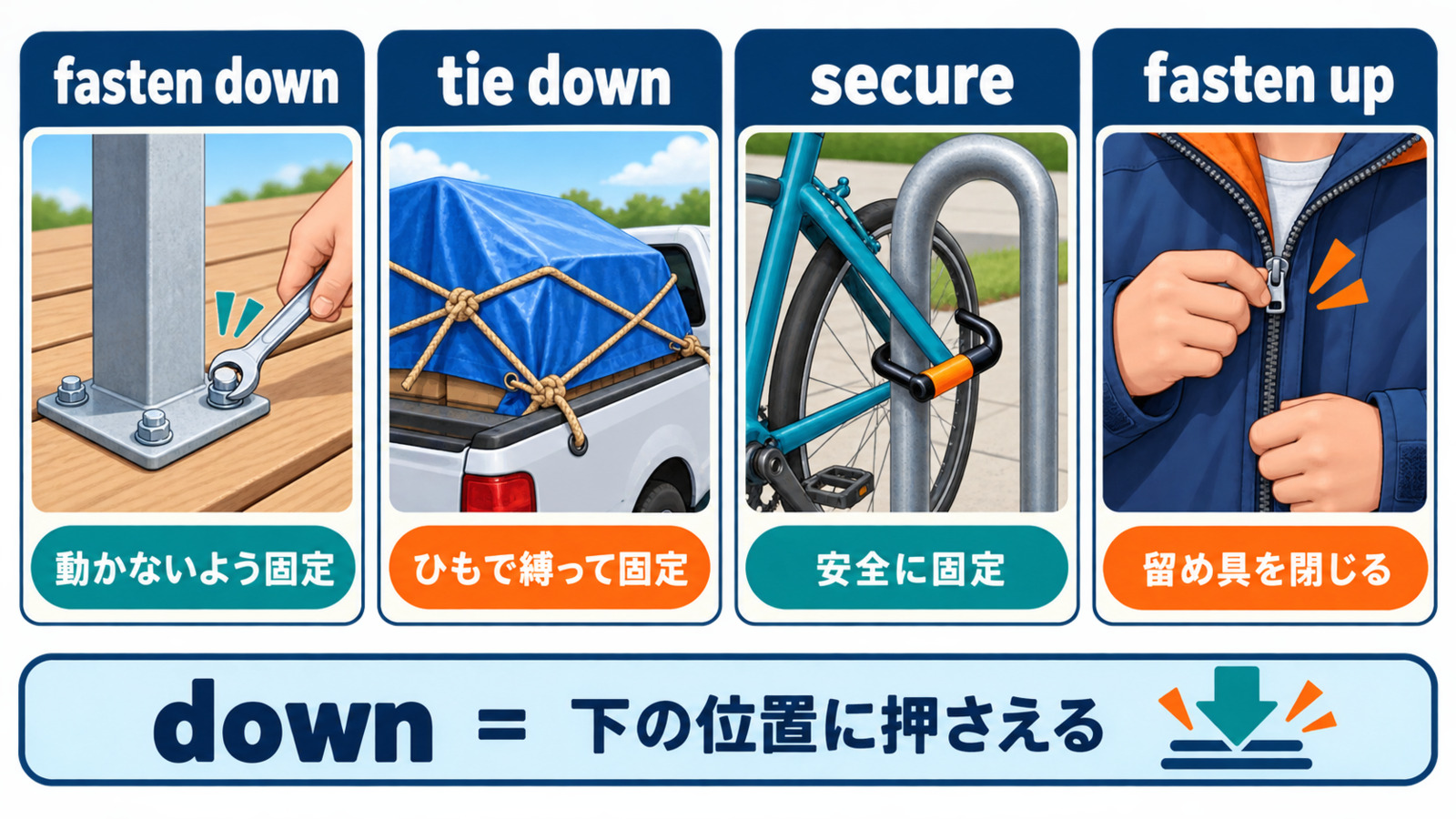 fasten down・tie down・secure・fasten upの意味と使い方の違い