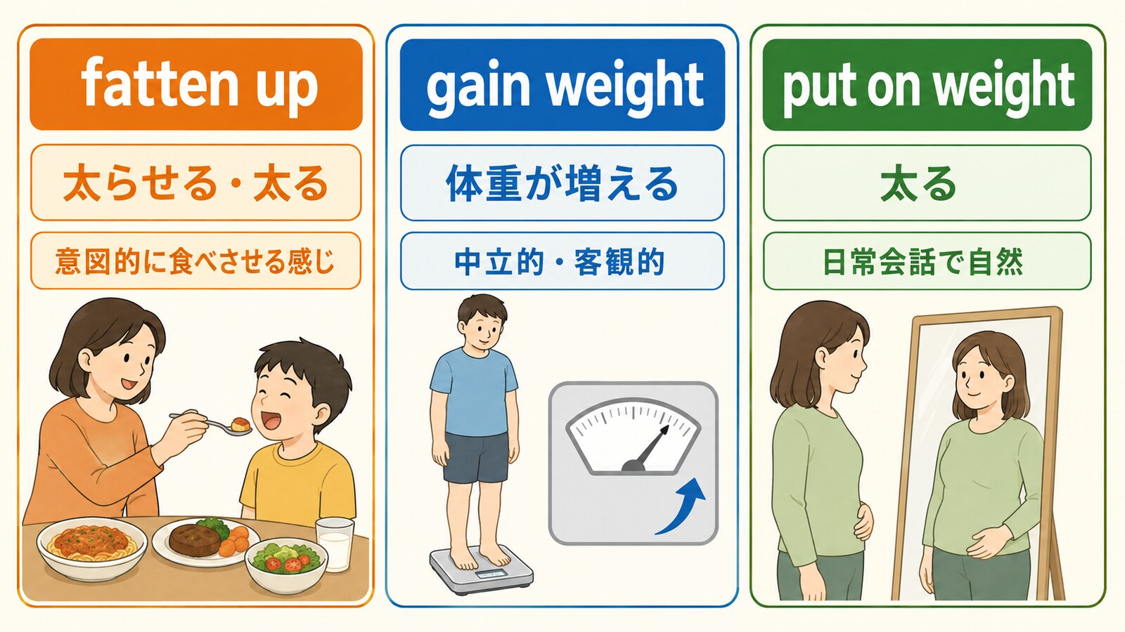 fatten up・gain weight・put on weightの意味とニュアンスの違い