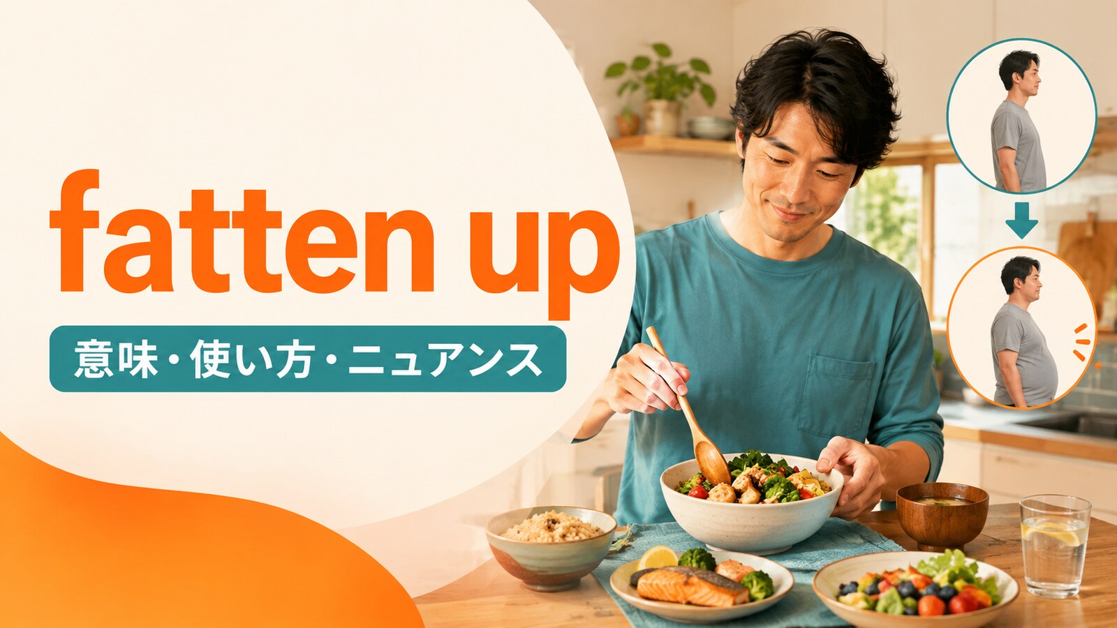 fatten upの意味・使い方・ニュアンスを表したアイキャッチ画像