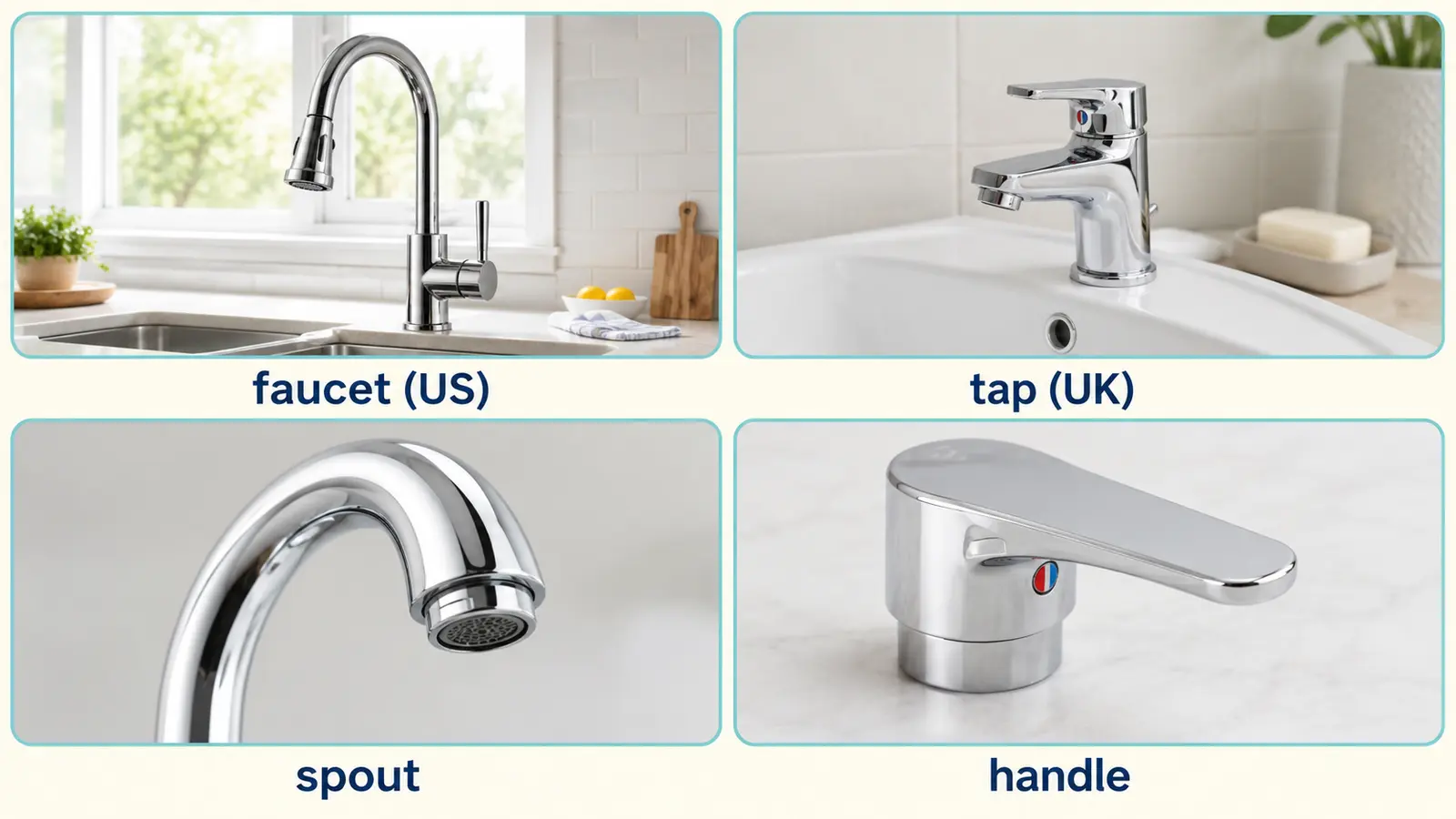 faucet・tap・spout・handleの違いを示す比較図