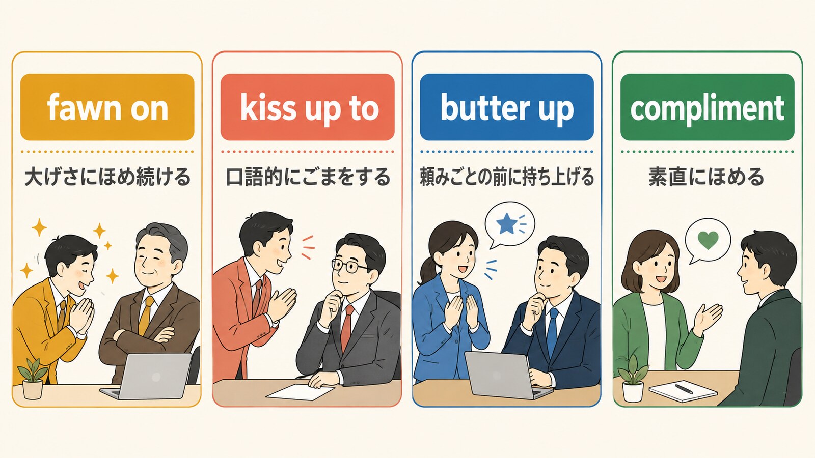 fawn on・kiss up to・butter up・complimentの意味とニュアンスの違い