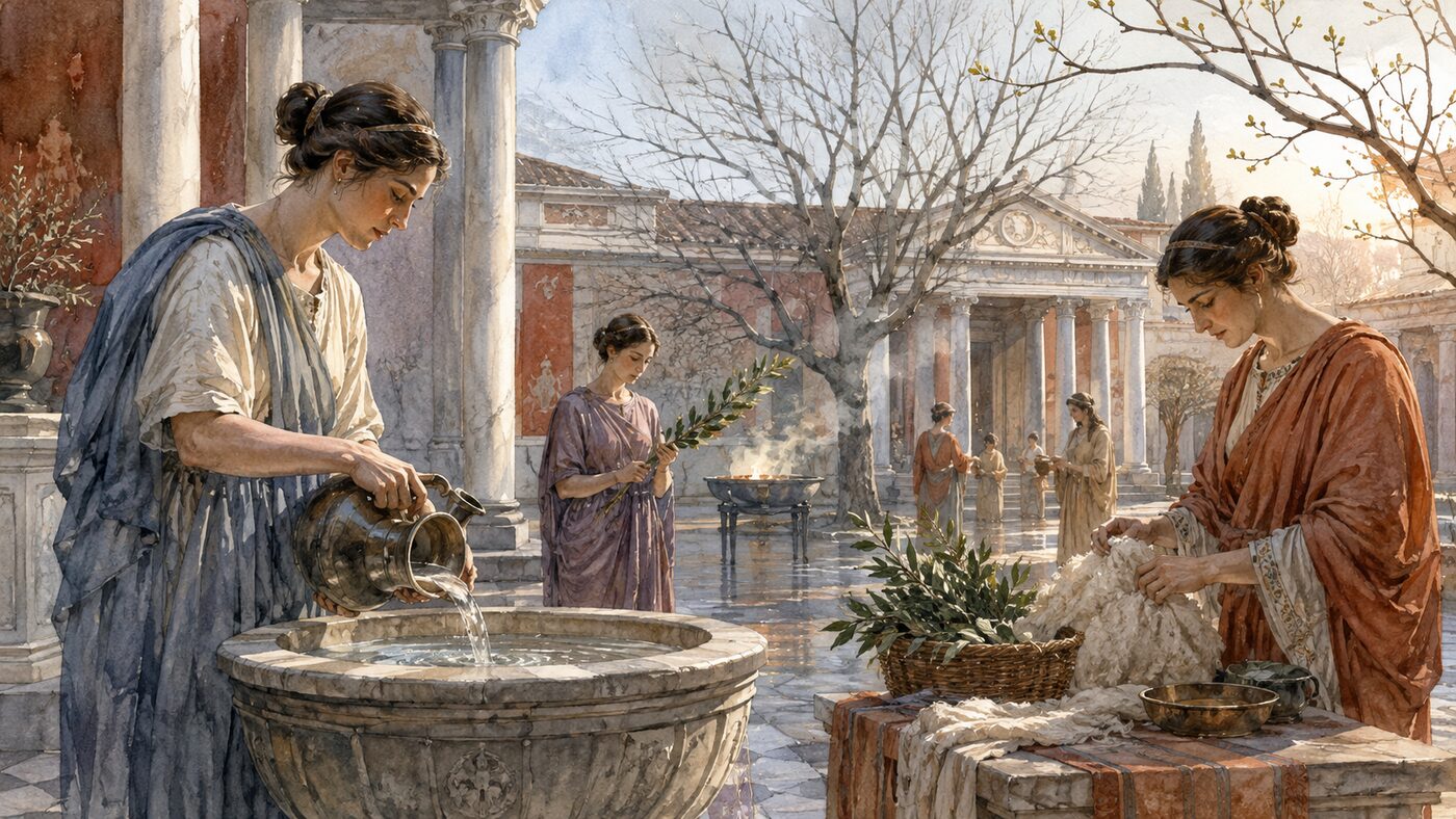 Februaryの由来となった古代ローマの浄化祭Februa。水や植物を用いて春を前に身を清める様子を描いたイラスト