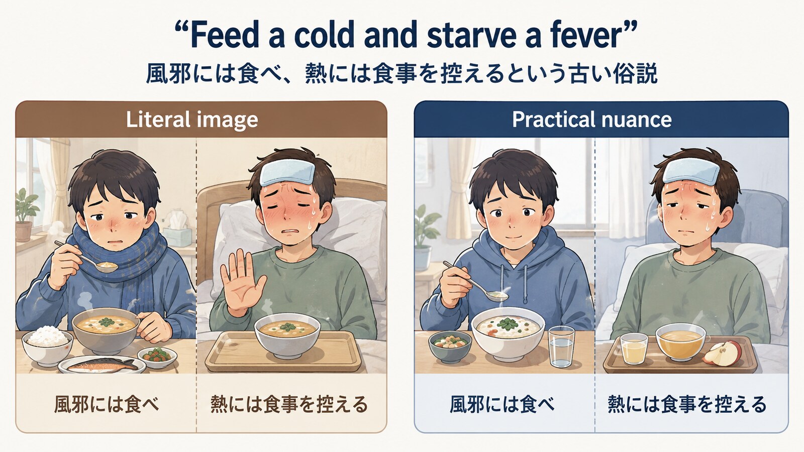Feed a cold and starve a feverの直訳と実際のニュアンスを比較する解説