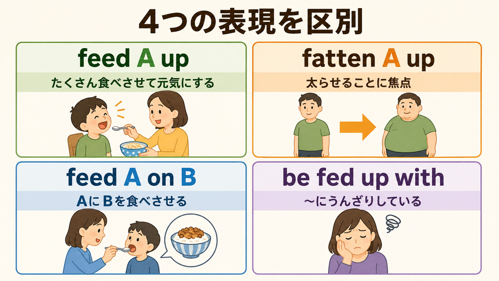 feed A up・fatten A up・feed A on B・be fed up withの意味の違い