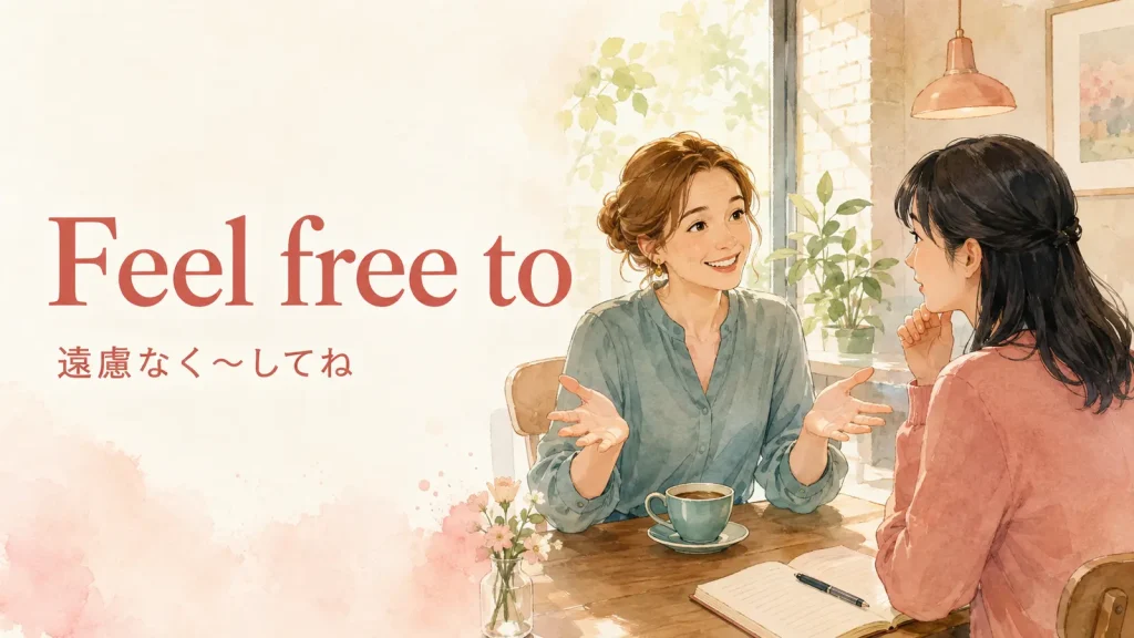Feel free toは「遠慮なく〜してね」という意味だと示す英語学習イラスト