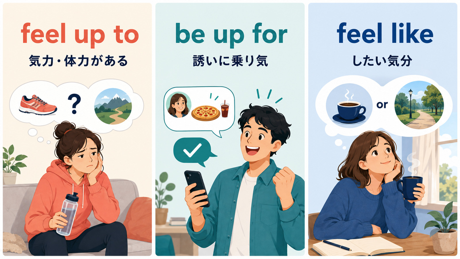 feel up to・be up for・feel likeのニュアンスの違いを示す解説イラスト