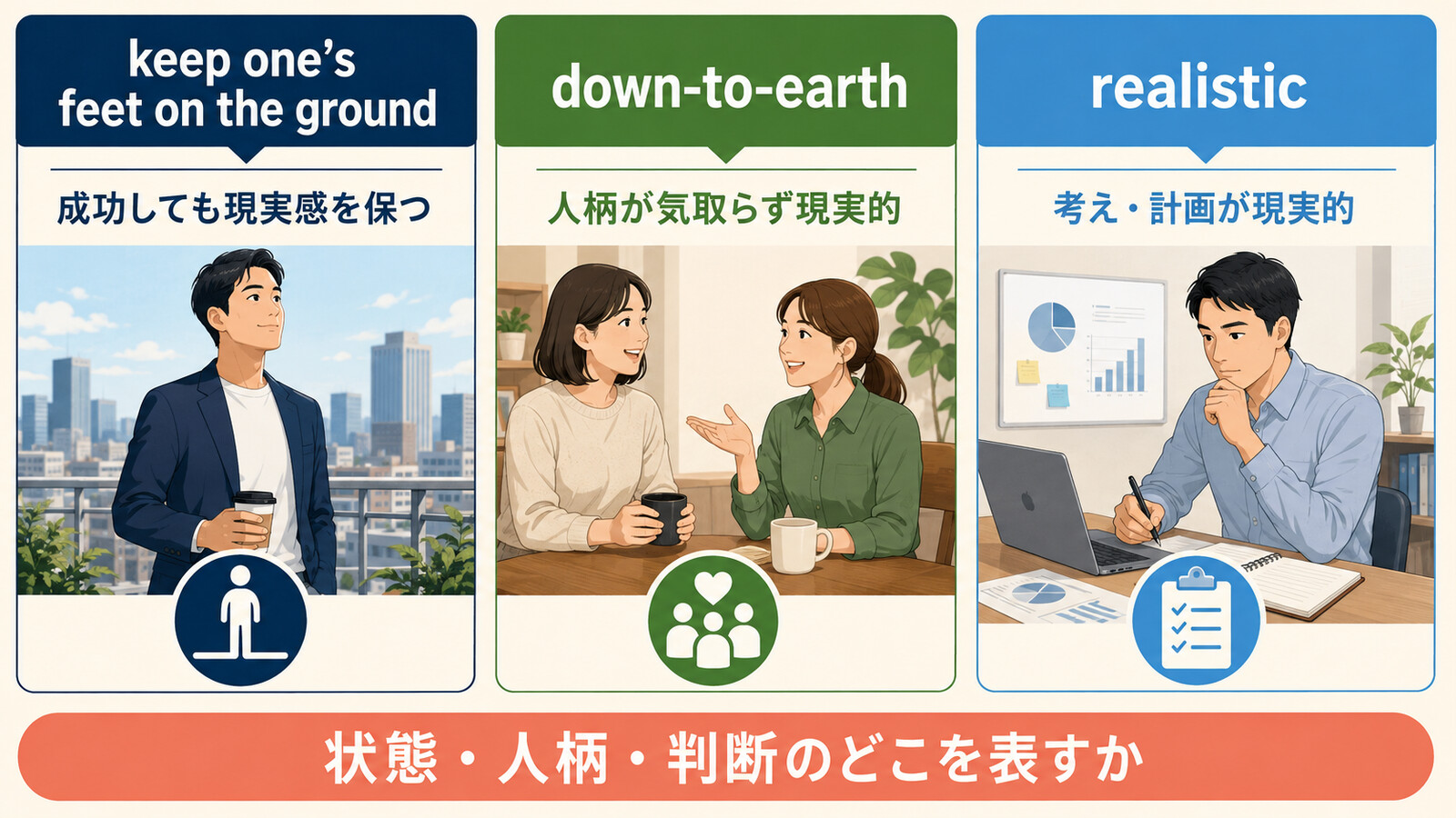 keep one’s feet on the groundとdown-to-earthとrealisticの違いを比較した図解
