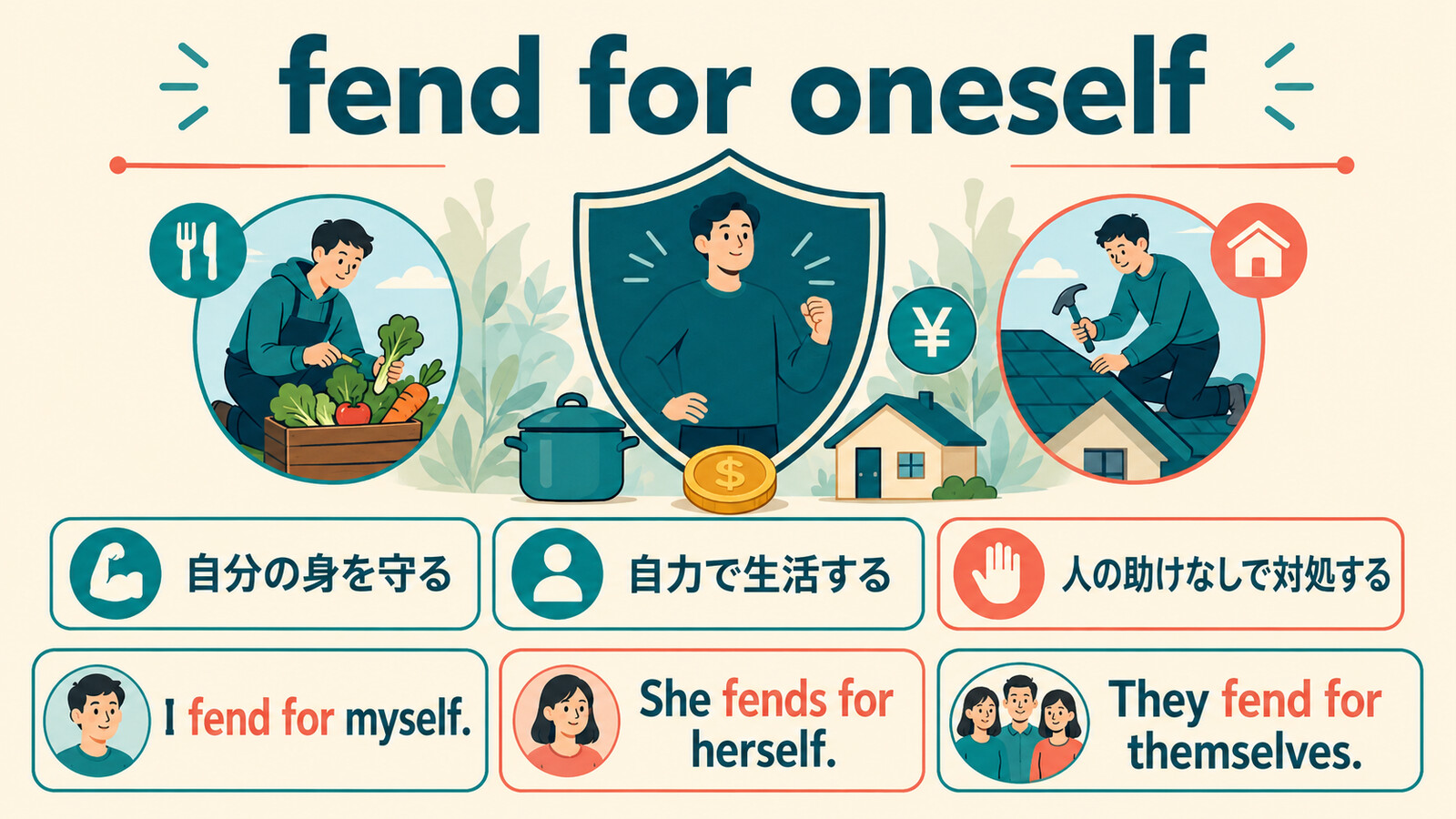 fend for oneselfの自力で生活し対処する意味と再帰代名詞の語順図
