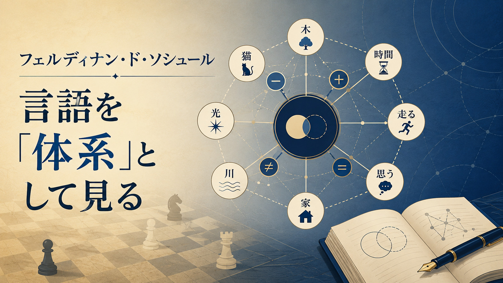 ソシュールの構造主義と言語を体系として見る考え方を表すアイキャッチ