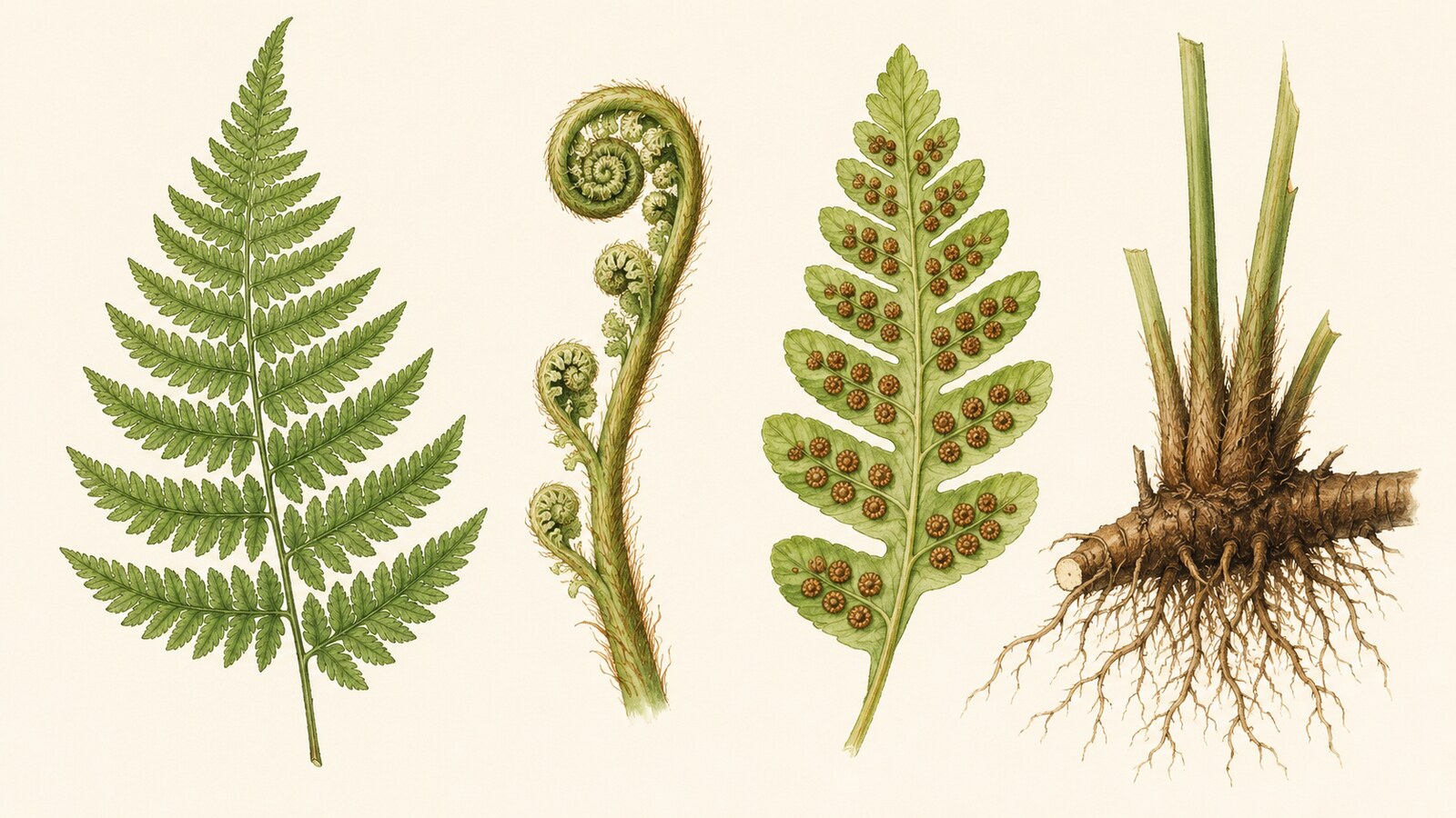 シダの葉と渦巻く若芽、葉裏の胞子嚢群、地下茎と根を示す植物画